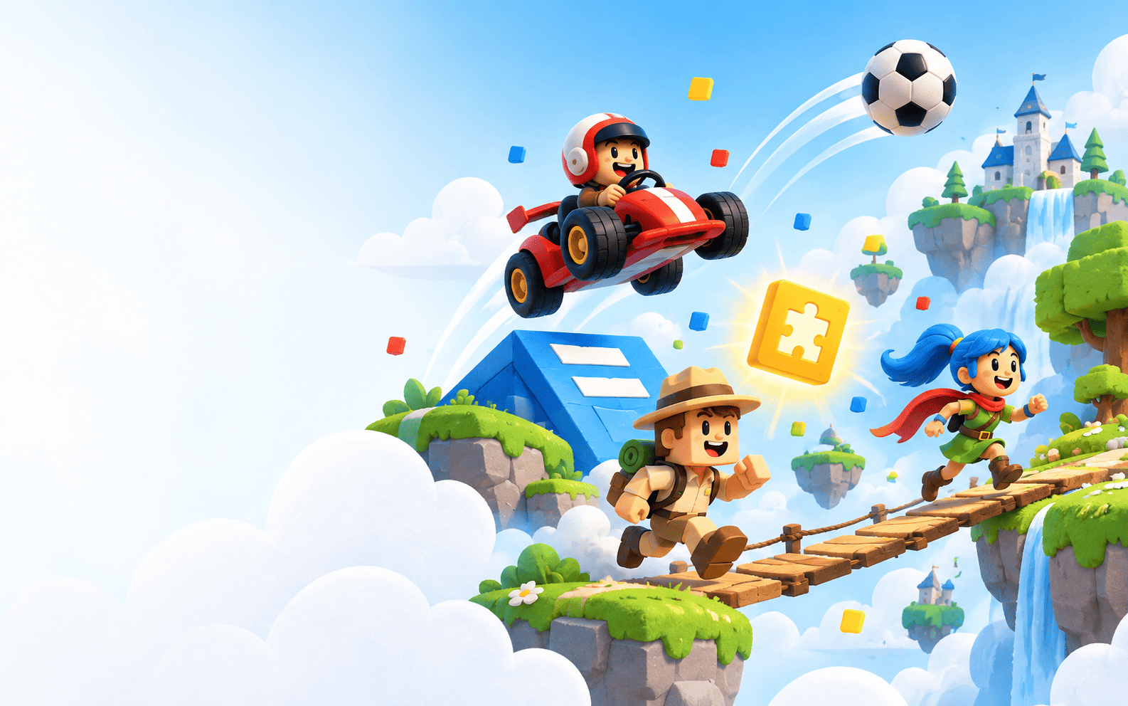 Mondo arcade colorato con kart, calcio, puzzle e avventura